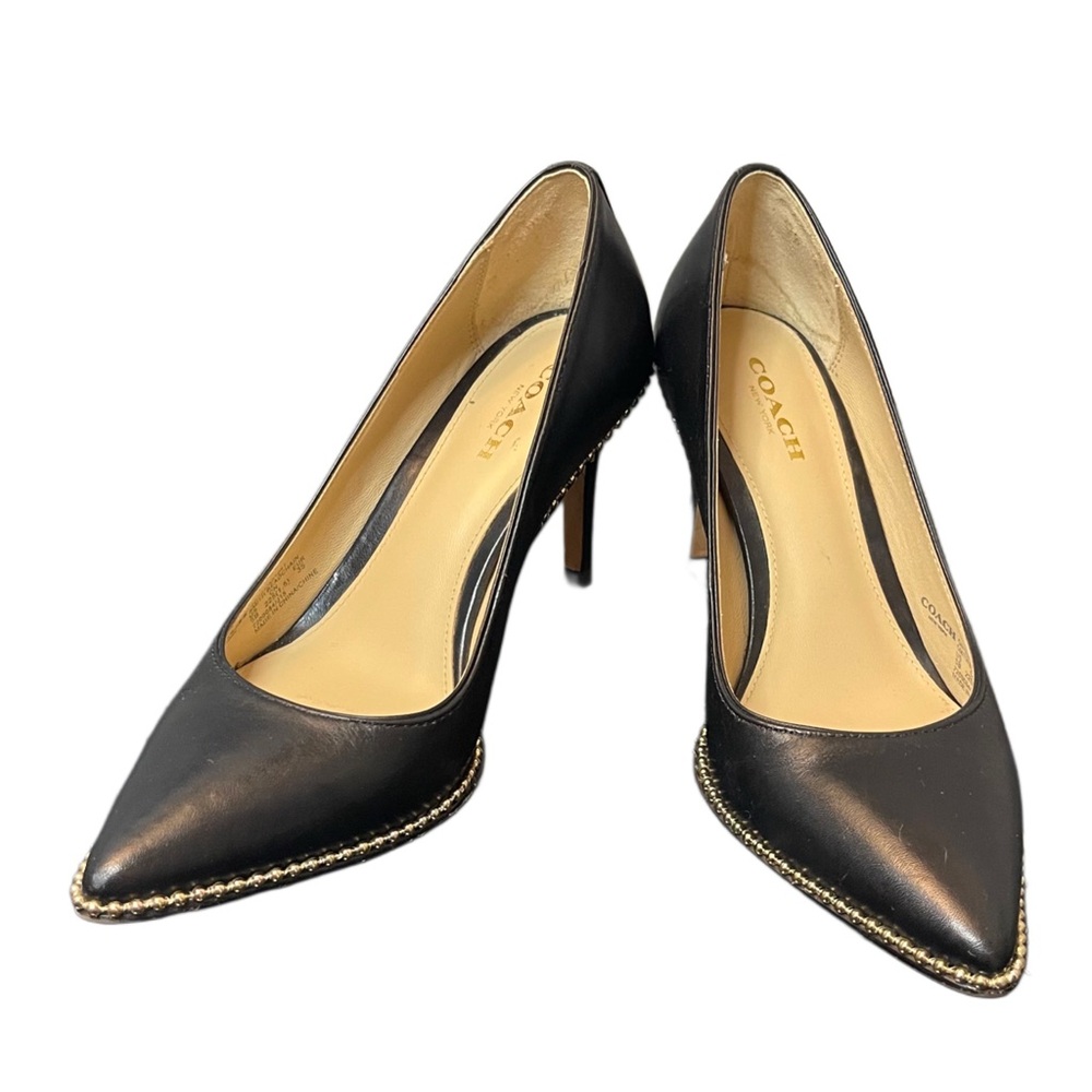 Coach Black Leather Pointed Toe Pumps with Gold Braided Trim - Picture 1 of 14